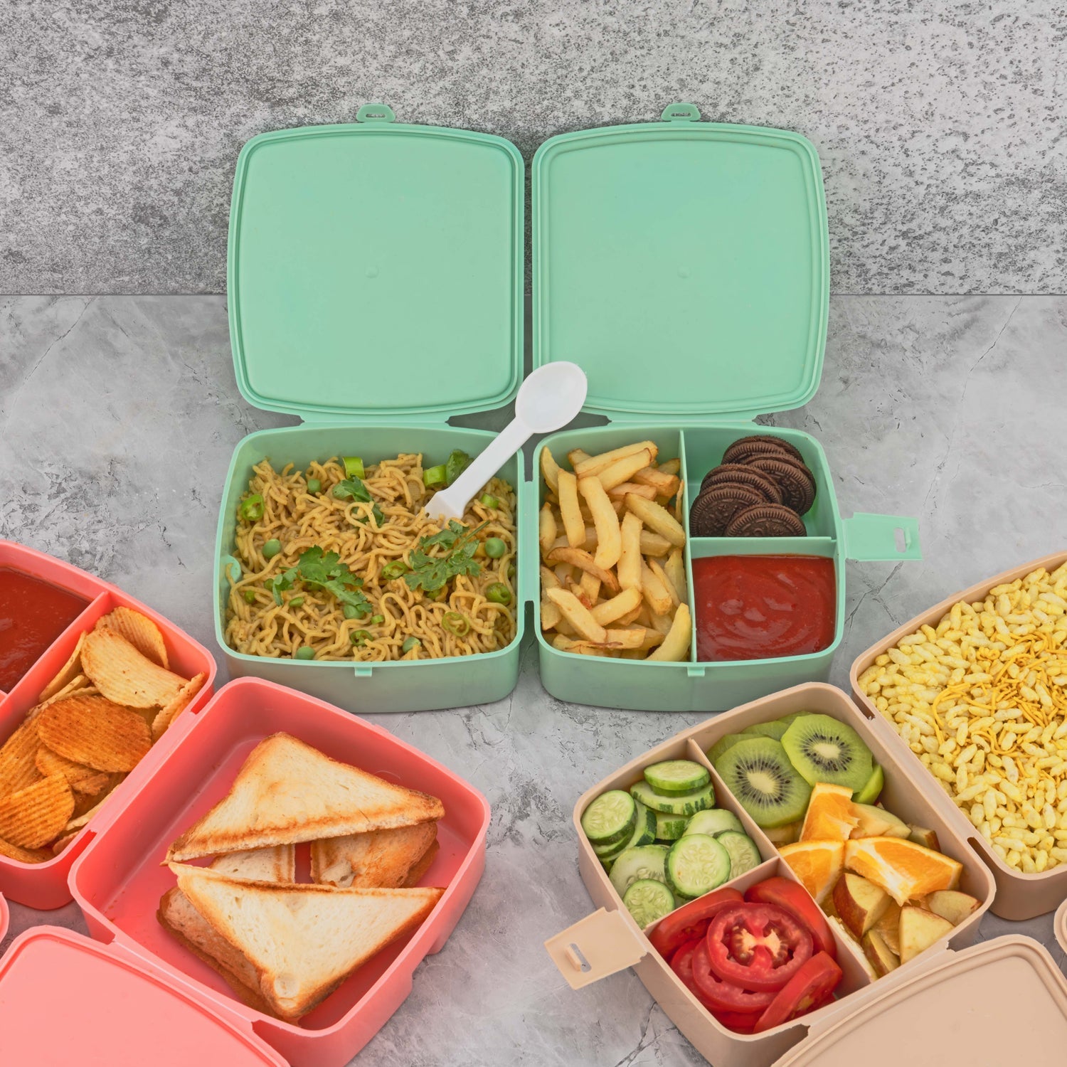 5787 Double-Layer Square Lunch Box with Spoon , 4 Compartment Tiffin & Push Lock , Plastic Tiffin Box for Travelling, School Kids & Office Exclusive, Home 5787 Double-Layer Square Lunch Box with Spoon , 4 Compartment Tiffin & Push Lock , Plastic Tiffin Box for Travelling, School Kids & Office Exclusive, Home